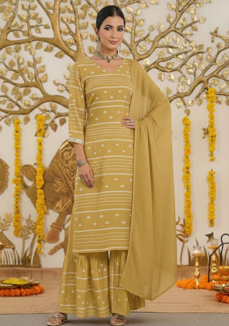 Mustard Embroidered Chanderi Sharara Set - Indya
