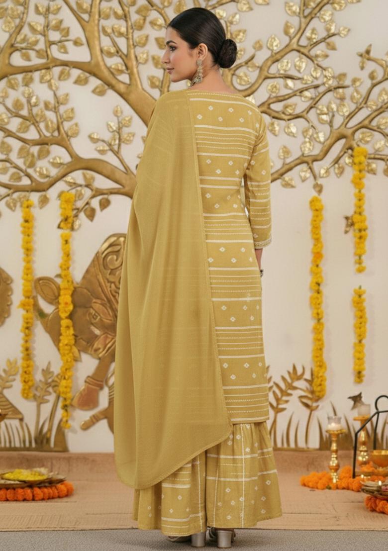Mustard Embroidered Chanderi Sharara Set - Indya