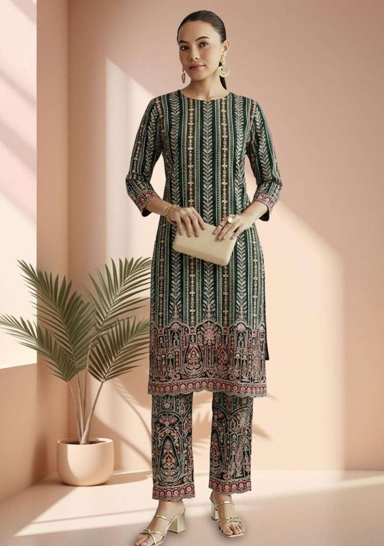 Forest Green Printed Crepe Straight Kurta Set - Indya