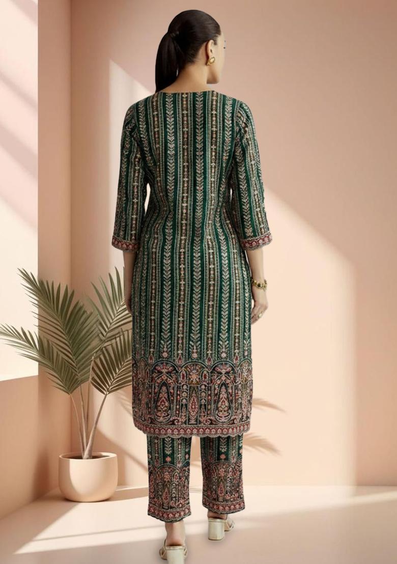 Forest Green Embroidered Crepe Kurta Set - Indya