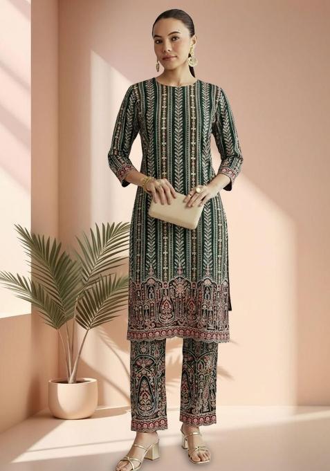 Forest Green Printed Crepe Straight Kurta Set