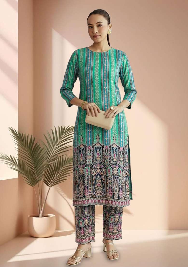 Aqua Green Printed Crepe Straight Kurta Set - Indya