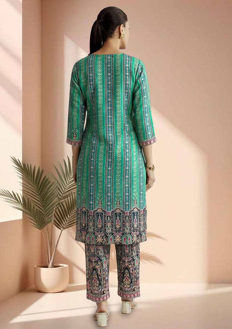 Aqua Green Embroidered Crepe Kurta Set - Indya