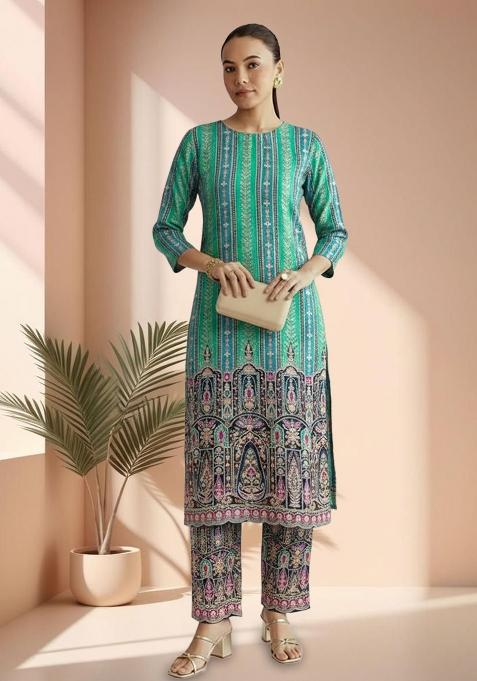 Aqua Green Printed Crepe Straight Kurta Set