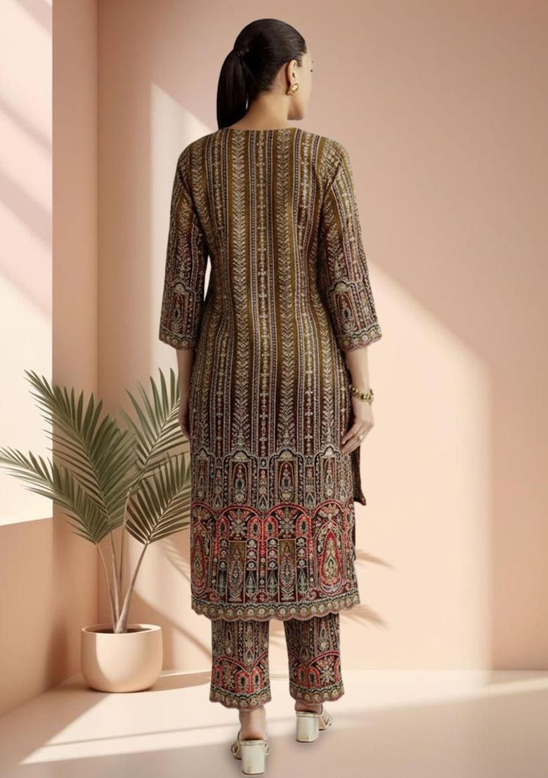 Brown Embroidered Crepe Kurta Set - Indya