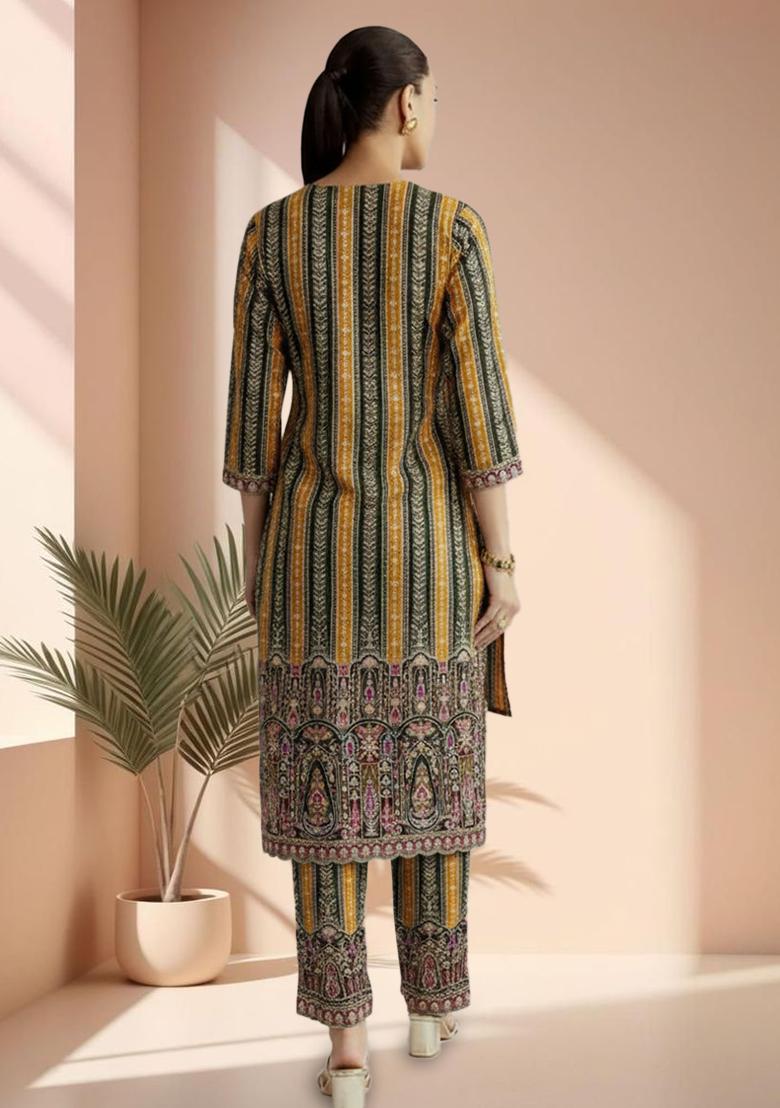 Mustard Embroidered Crepe Kurta Set - Indya