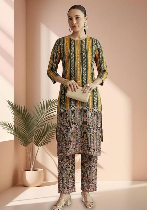 Mustard Printed Crepe Straight Kurta Set
