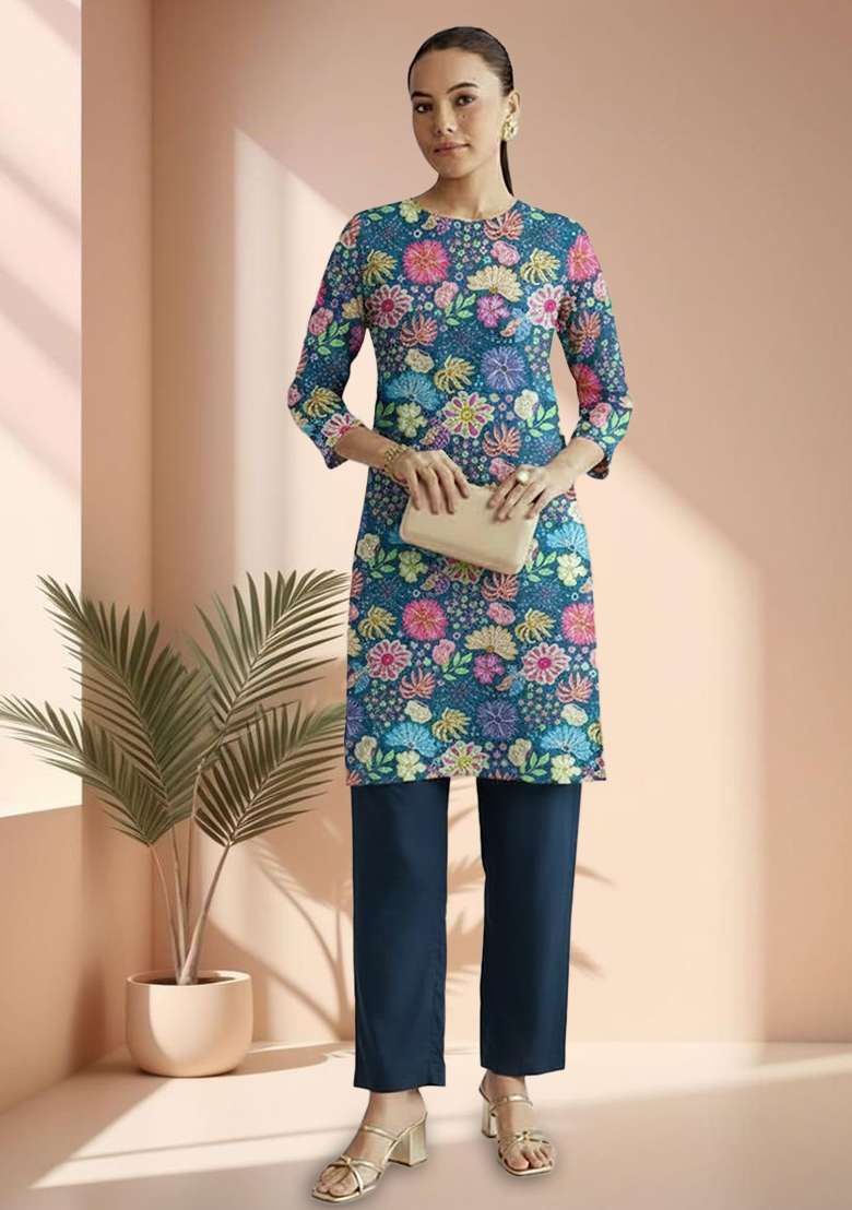Navy Blue Floral Print Chinon Straight Kurta Set - Indya