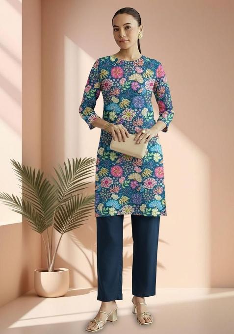 Navy Blue Floral Print Chinon Straight Kurta Set