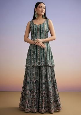 Forest Green Embroidered Crepe Sharara Set