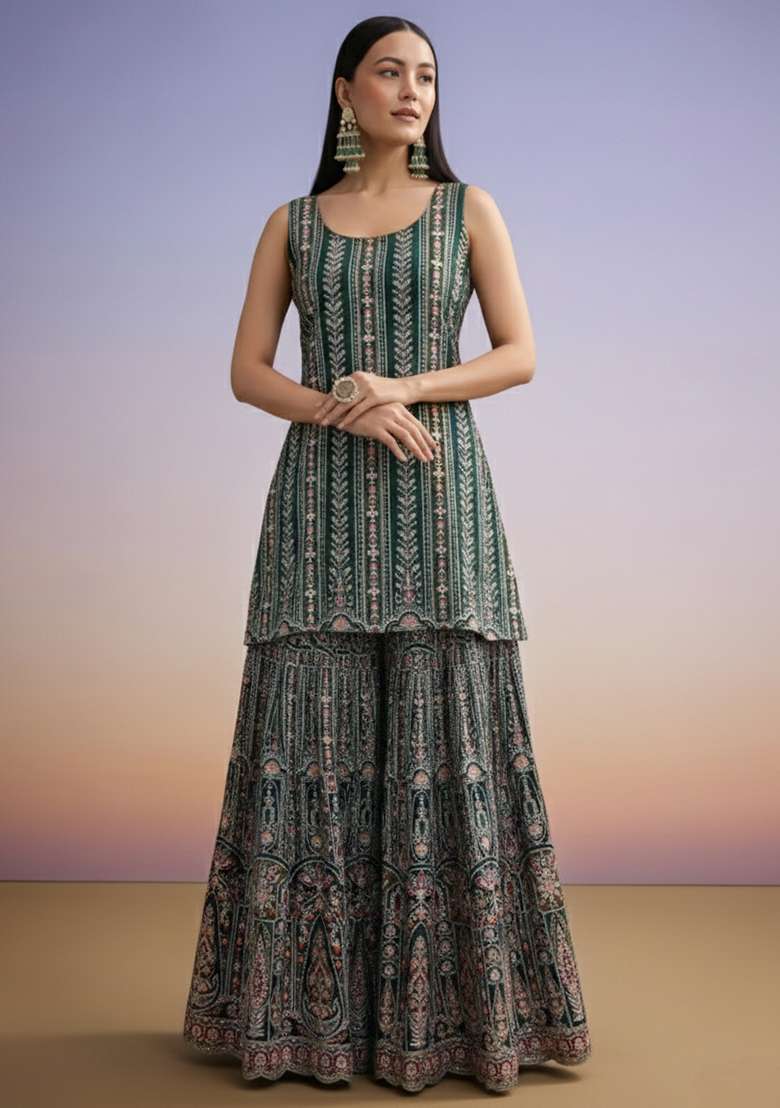 Forest Green Embroidered Crepe Sharara Set - Indya