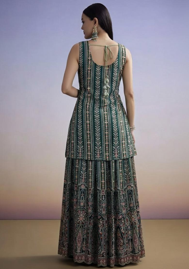 Forest Green Embroidered Crepe Sharara Set - Indya