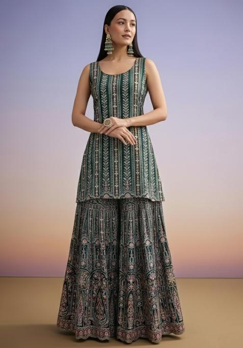 Forest Green Embroidered Crepe Sharara Set