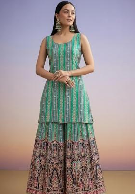 Aqua Blue Embroidered Crepe Sharara Set