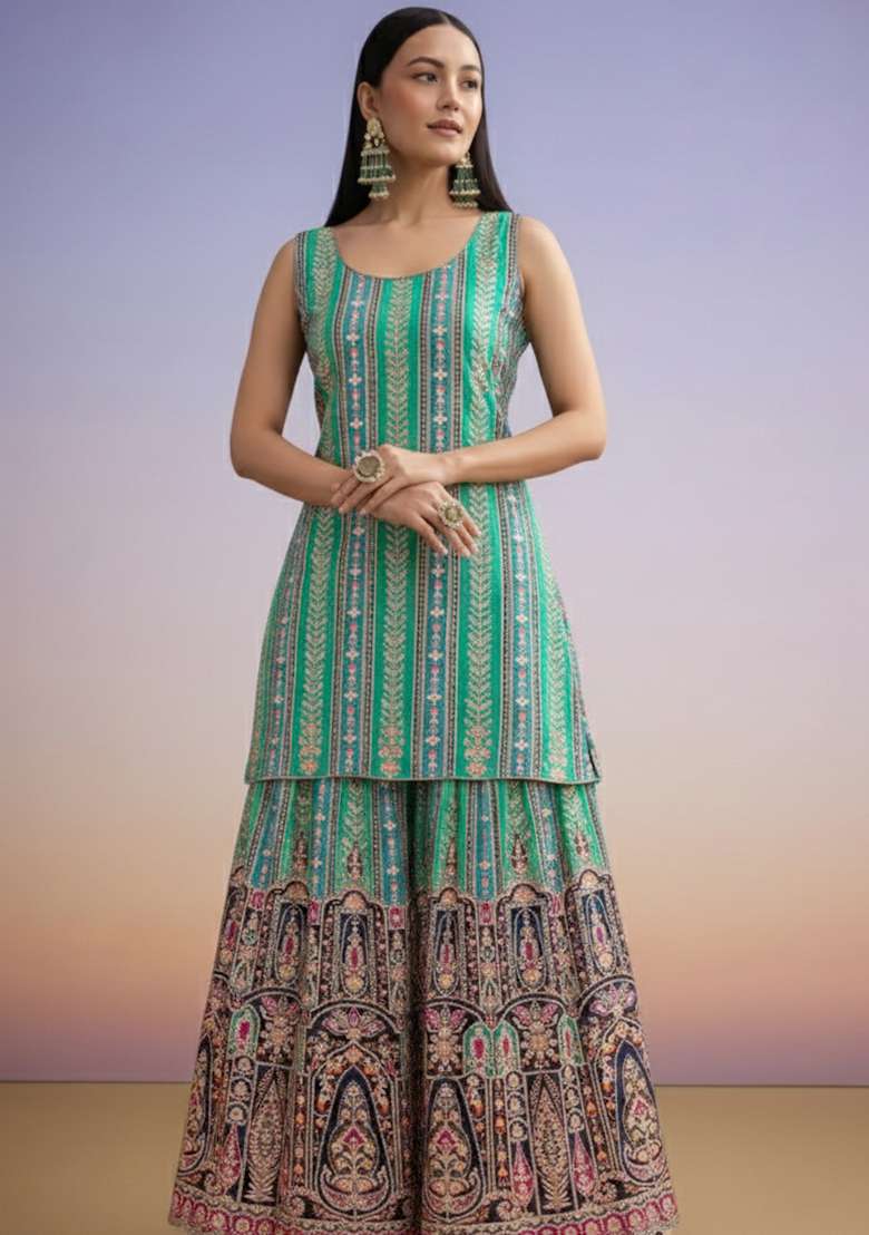 Aqua Blue Embroidered Crepe Sharara Set - Indya