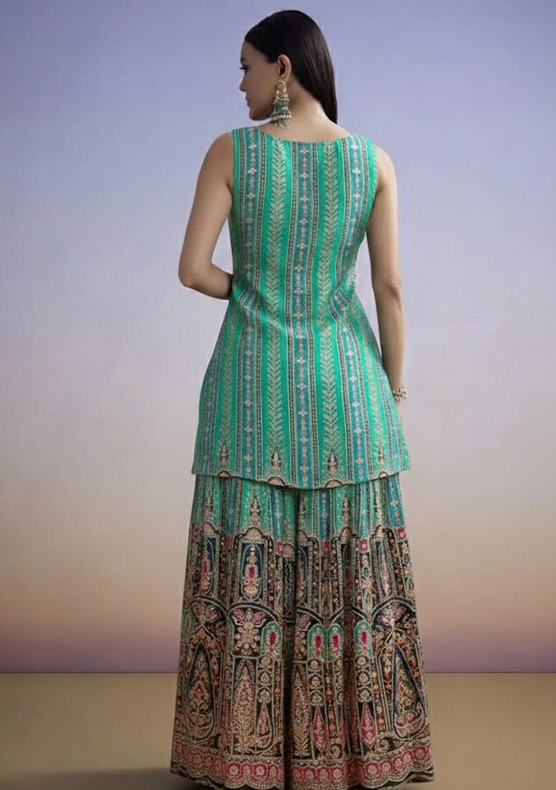 Aqua Blue Embroidered Crepe Sharara Set - Indya