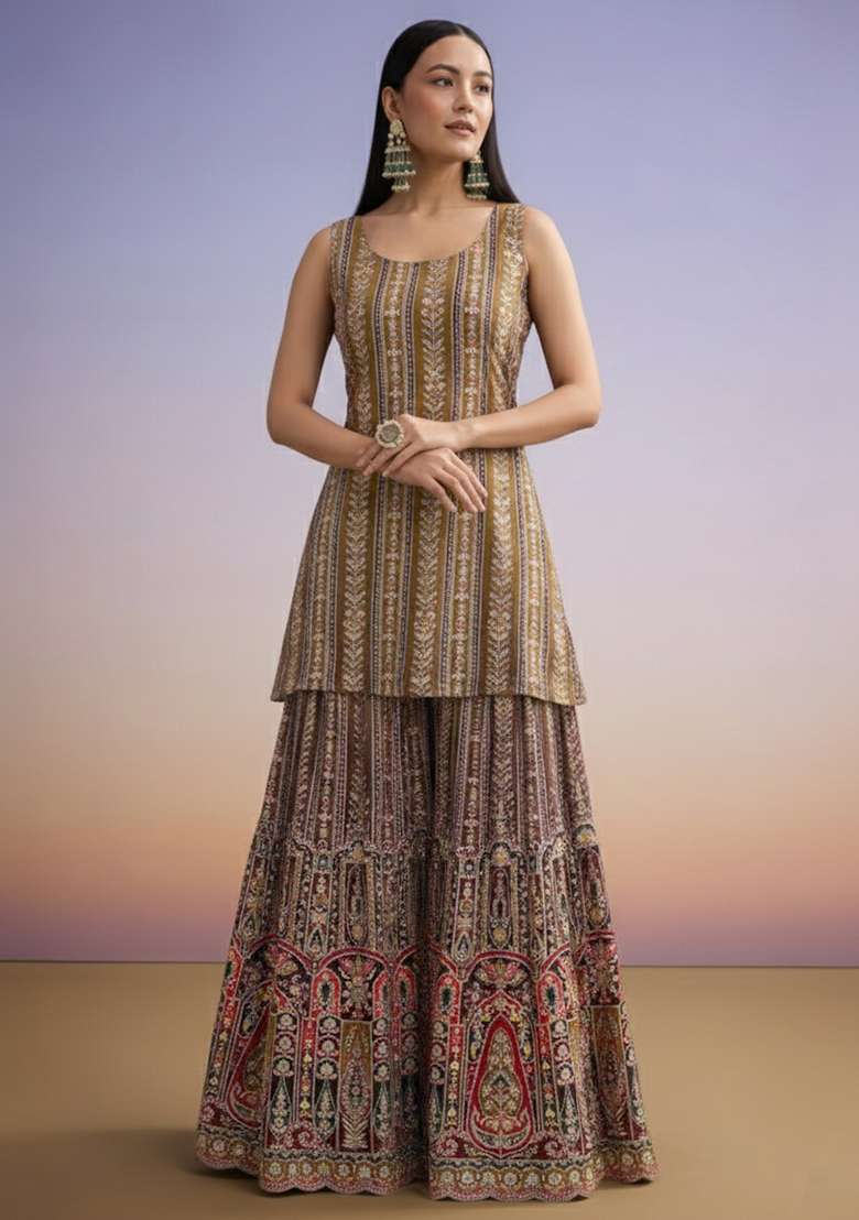 Brown Embroidered Crepe Sharara Set - Indya