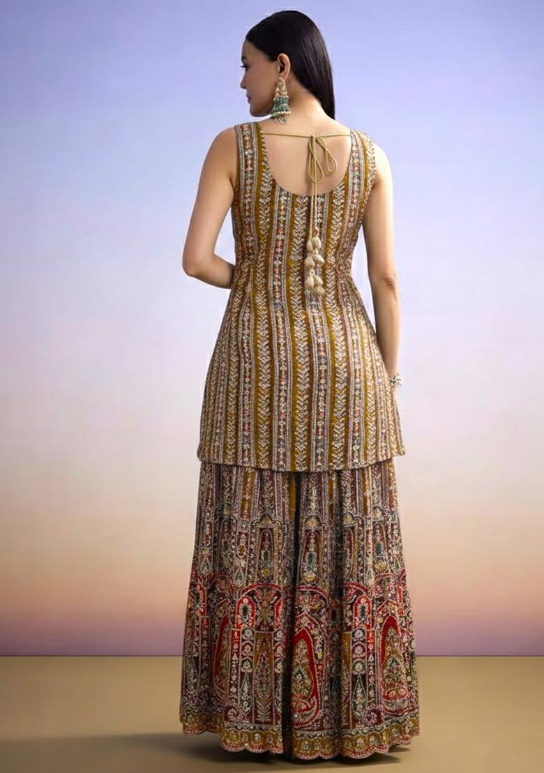 Brown Embroidered Crepe Sharara Set - Indya