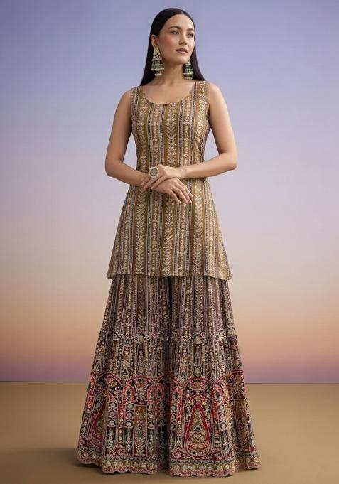 Brown Embroidered Crepe Sharara Set