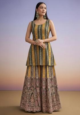 Mustard Embroidered Crepe Sharara Set