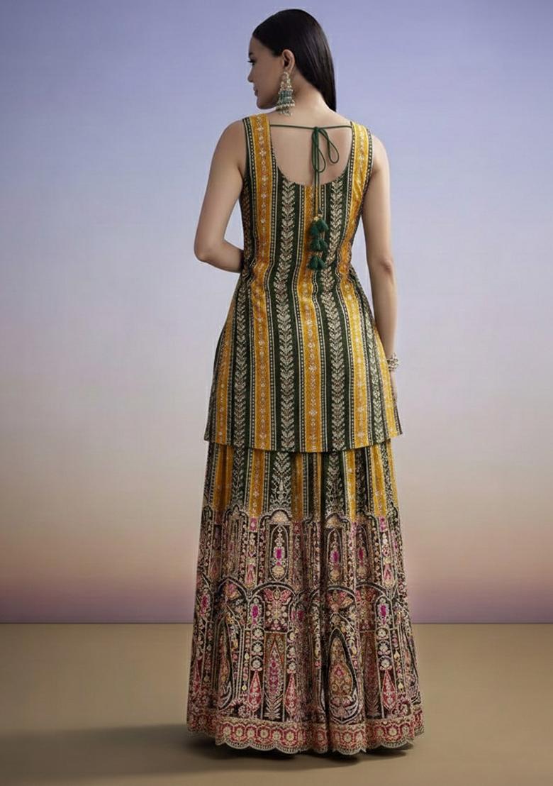 Mustard Embroidered Crepe Sharara Set - Indya