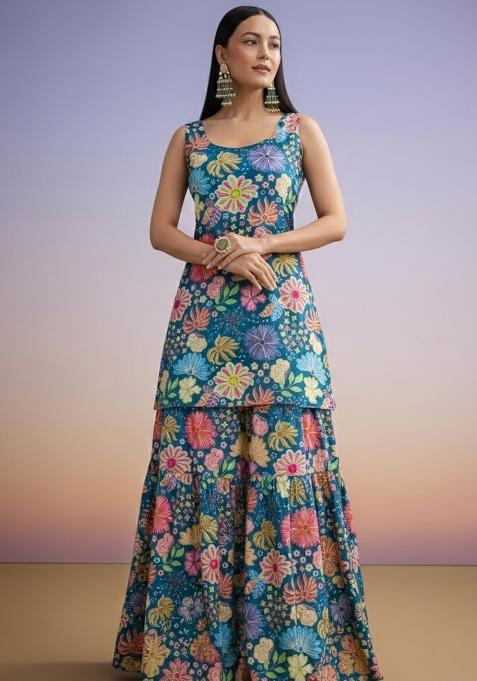 Teal Blue Floral Print Chinon Sharara Set