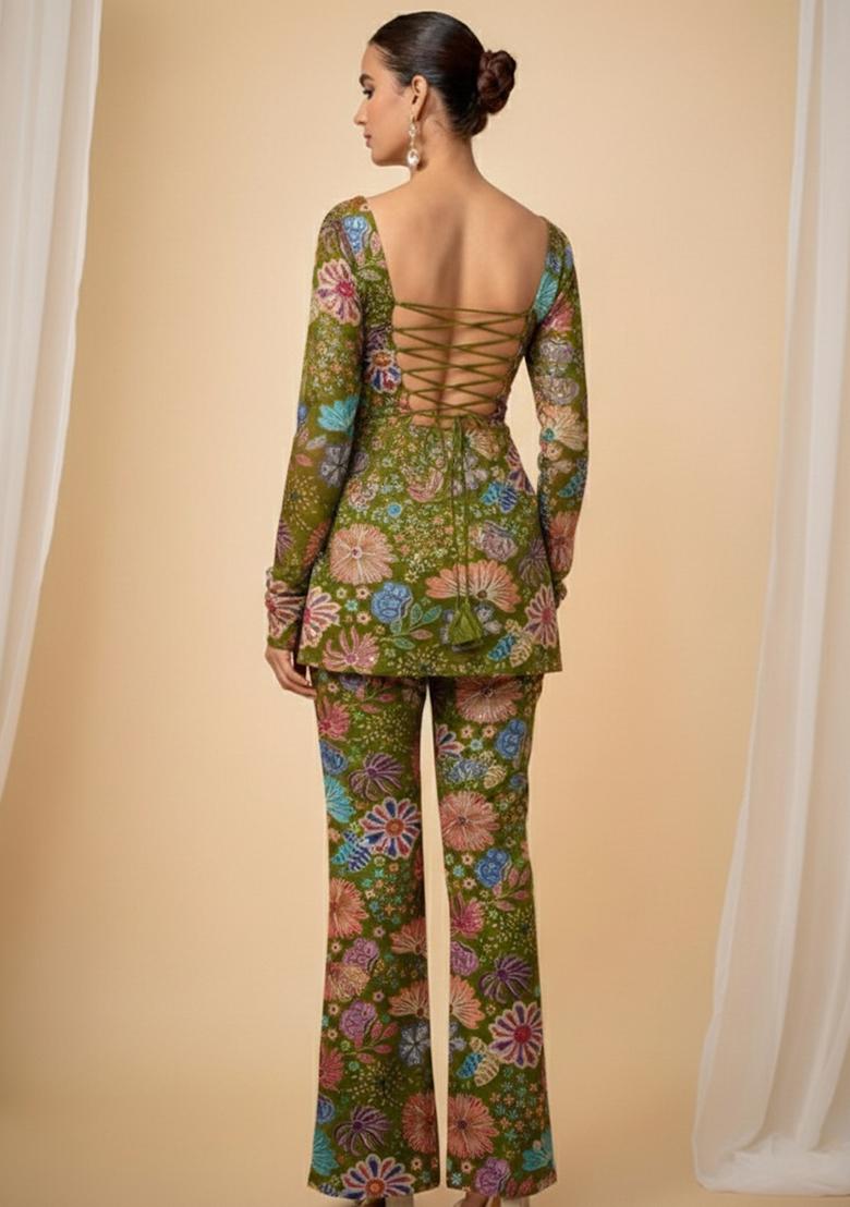 Olive Green Floral Print Chinon Kurta Set - Indya