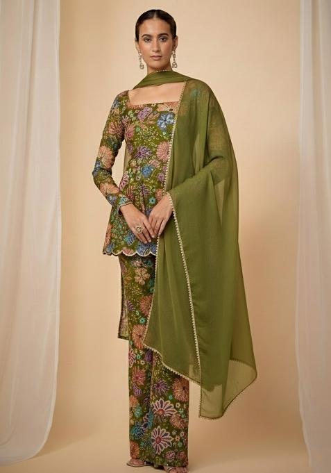 Olive Green Embroidered Chinon Pakistani Suit Set