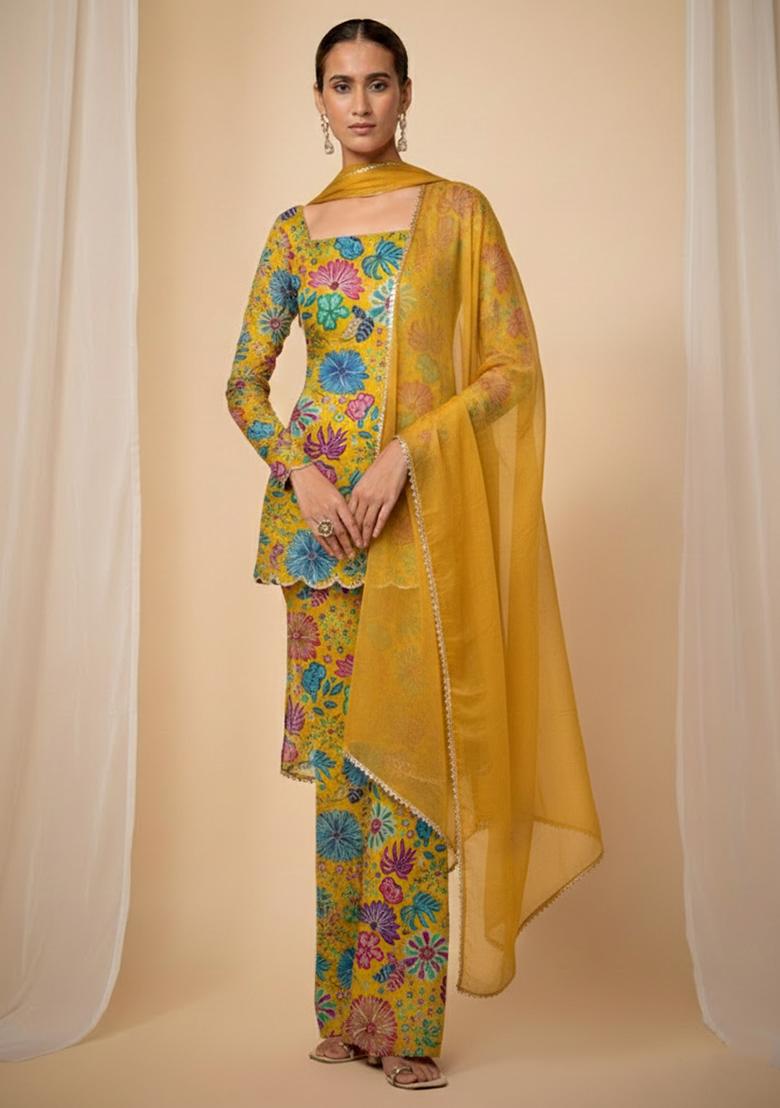 Mustard Floral Print Chinon Kurta Set - Indya