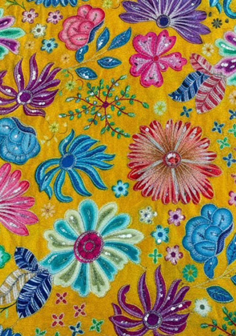 Mustard Floral Print Chinon Kurta Set - Indya