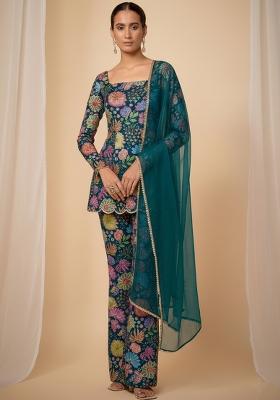 Teal Blue Floral Print Chinon Kurta Set