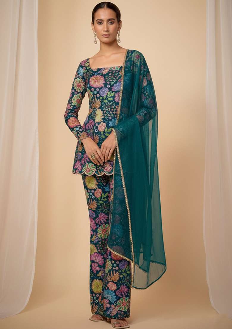 Teal Blue Embroidered Chinon Sharara Set - Indya