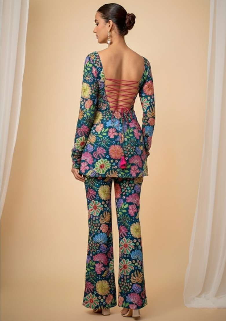 Teal Blue Embroidered Chinon Sharara Set - Indya