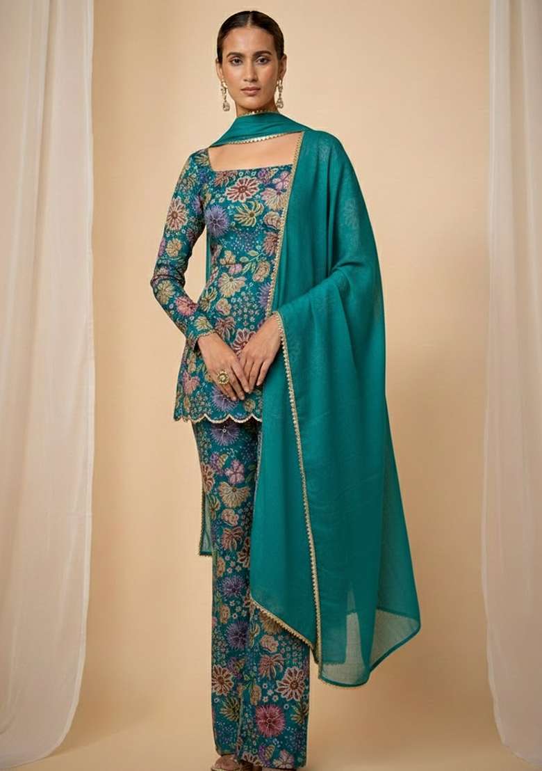Aqua Blue Embroidered Chinon Pakistani Suit Set - Indya