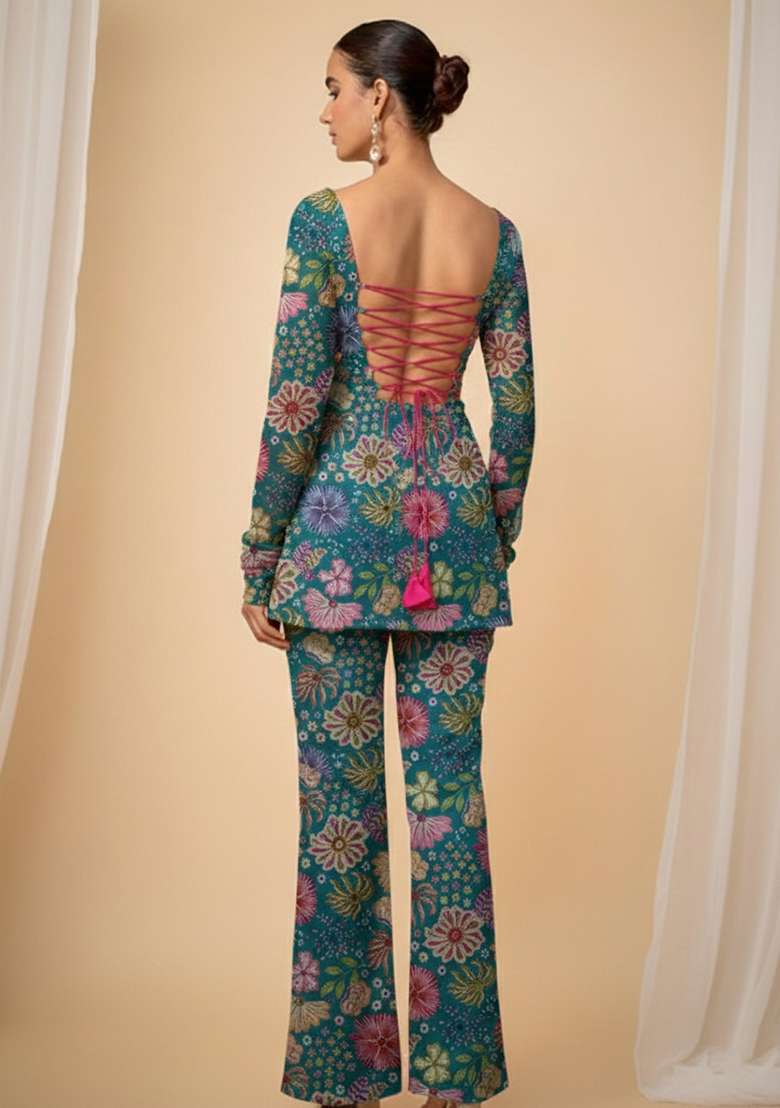 Aqua Blue Embroidered Chinon Pakistani Suit Set - Indya