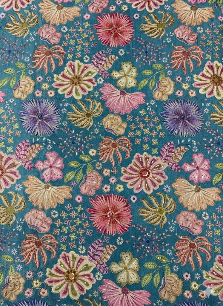 Aqua Blue Embroidered Chinon Pakistani Suit Set - Indya