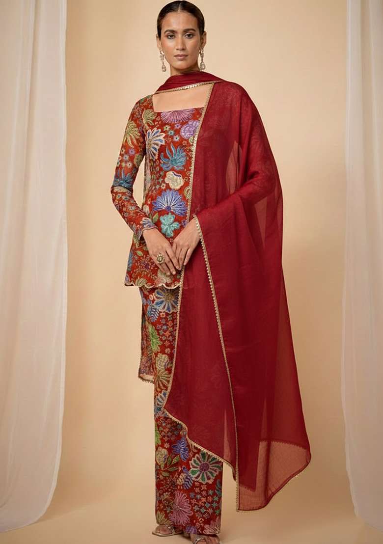 Red Embroidered Chinon Pakistani Suit Set - Indya