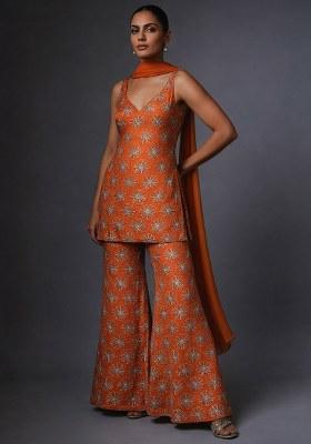 Peach Sequin Silk Sharara Set