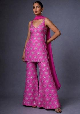 Pink Sequin Silk Sharara Set