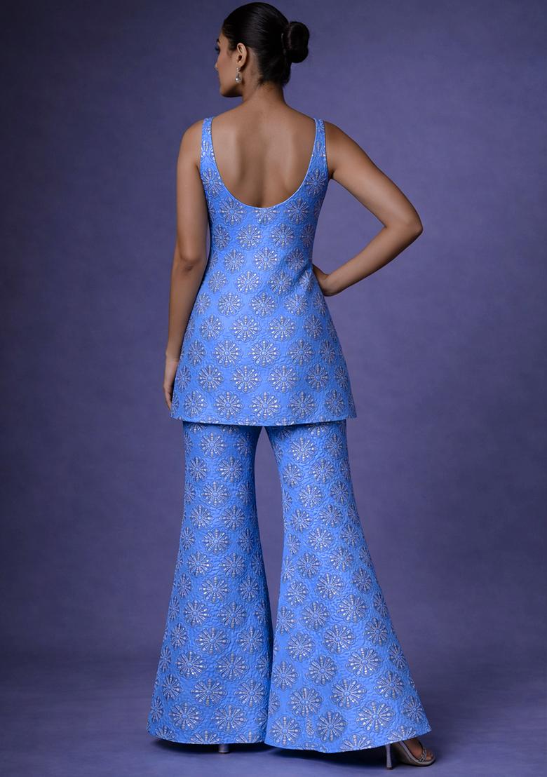 Blue Sequin Silk Sharara Set - Indya
