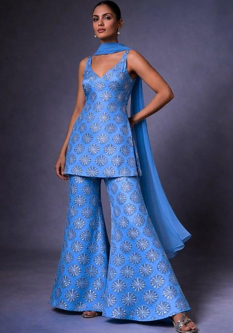 Blue Sequin Silk Sharara Set