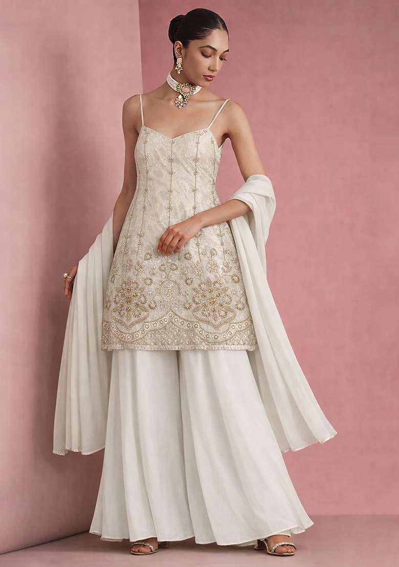Ivory Sequin Mesh Sharara Set - Indya