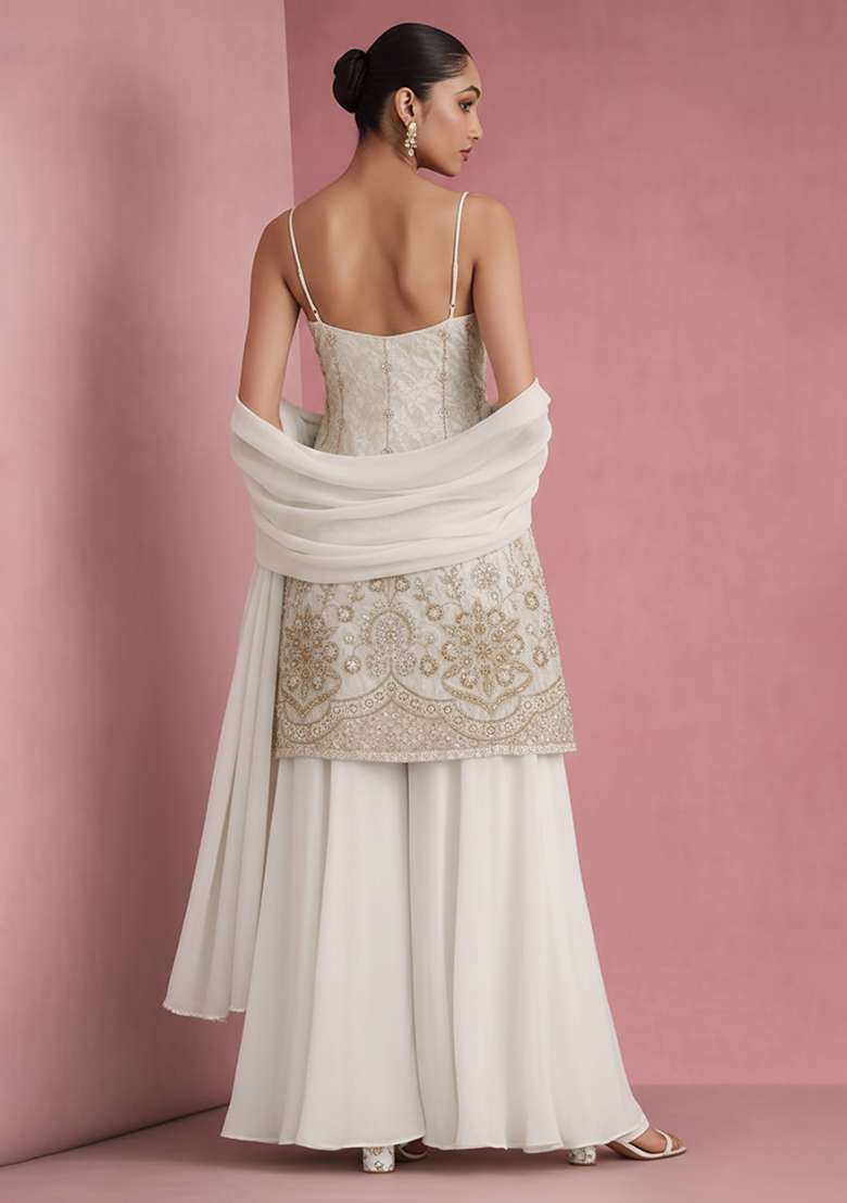 Ivory Sequin Mesh Sharara Set - Indya