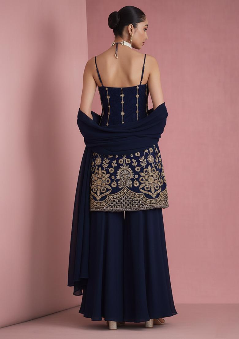 Deep Blue Sequin Mesh Sharara Set - Indya