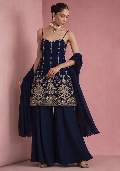 Deep Blue Sequin Mesh Sharara Set