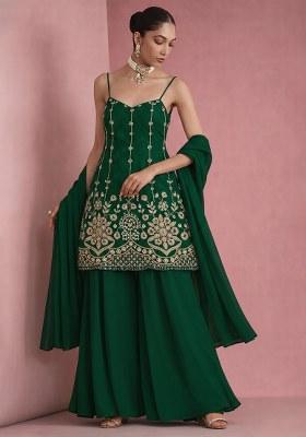 Bottle Green Sequin Mesh Sharara Set