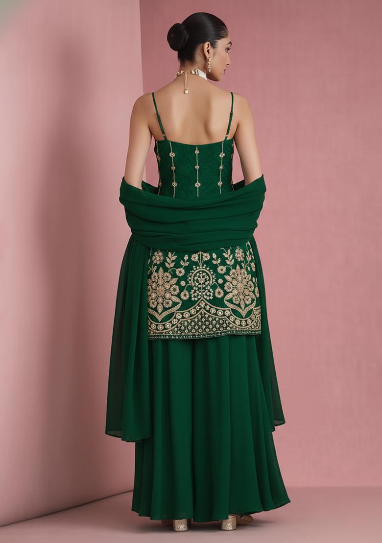 Bottle Green Sequin Mesh Sharara Set - Indya