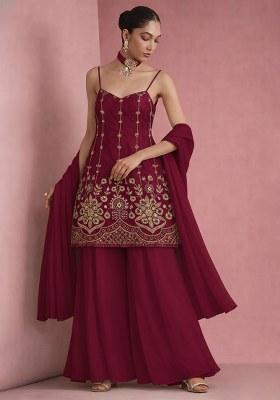 Wine Sequin Mesh Sharara Set