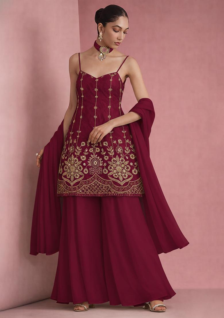 Wine Sequin Mesh Sharara Set - Indya