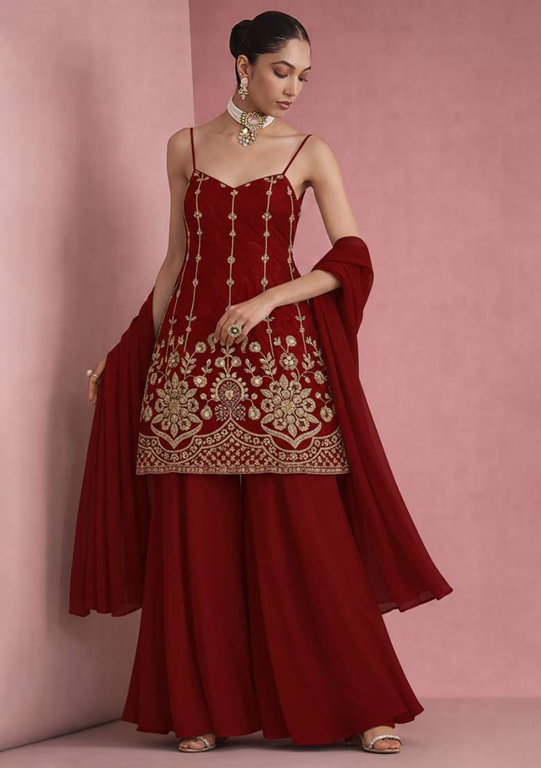 Red Sequin Mesh Sharara Set - Indya